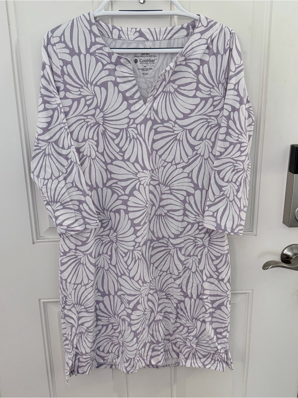 Coolibar Oceanside Tunic Dress M | Lilac White UPF 50+